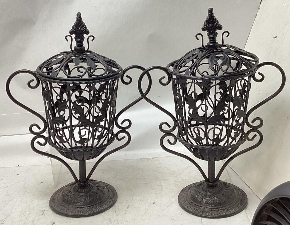 PAIR OF WROUGHT IRON GARDEN URN TOPIARY PLANTERS
