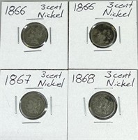 1866, 1867, & 1968 Three-Cent Nickels.