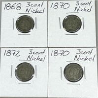 1868, 1870, 1872 Three-Cent Nickels.