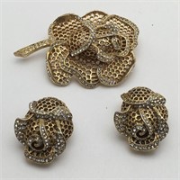 Goldtone And Rhinestone Floral Earrings & Brooch