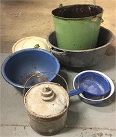 Variety of enamelware and other vintage metal