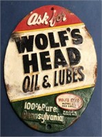 Wolf's Head Oil & Lubes Cast Iron Sign