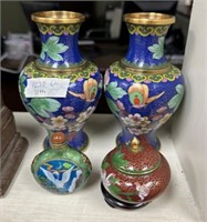 Chinese Cloisonne Pair of Vases, Snuff Bottle, and
