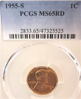 1955 S Lincoln Wheat Penny PCGS MS65RD