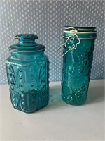 2 BLUE CANISTERS 10" TALL