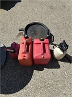 Gas cans, sprayer, oil catch pan