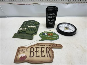 4 ALCOHOL RELATED SIGNS AND CLOCK