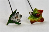 Two Sterling Silver Enamelled Organic Hatpins