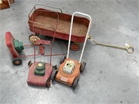 3 x Kids Lawnmowers (A/F) and Trolley