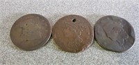 3 large 1 cent coins 1853 and 18??  And Unreadable