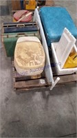 Pallet--coolers, suitcases, camp toilet, misc