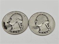 2- 1939 D Washington Silver Quarter Coins