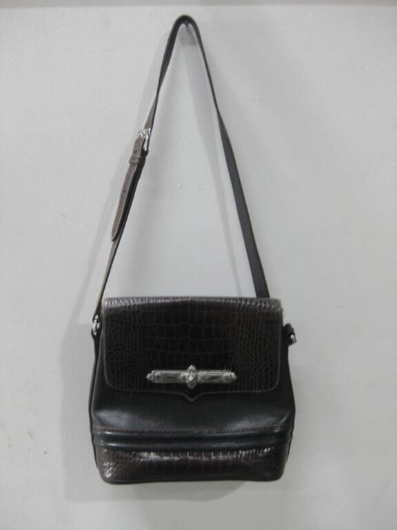 9" Brighton Black W/Croc Style Brown Trim Purse