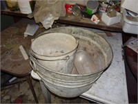 Galvanized Tub with Two Pails and a Scoop