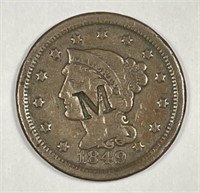 1849 Braided Hair Large Cent Counterstamped M