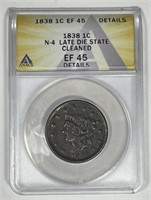 1838 Coronet Head Large Cent Extra Fine ANACS EF45