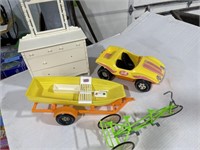 Group of doll cars, boat & furniture