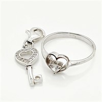Silver Cubic Zirconia Heart Key Charm and Ring Set