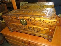 CARVED LIFT TOP WOOD TRUNK
