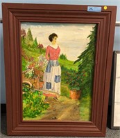 FRAMED PAINTING ON BOARD OF LADY IN A GARDEN