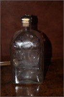 Etched glass corked bottle, 7" tall