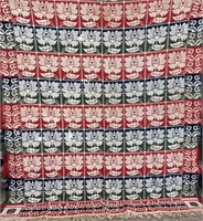 Jacquard coverlet ca. 1850; red, blue and green
