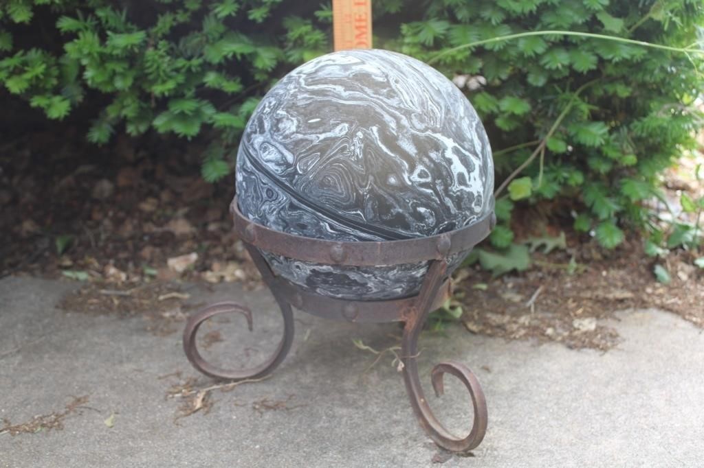 Vintage Bowling Ball on Wrought Iron Stand