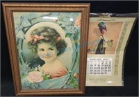 1913 calendar and framed picture of little girl