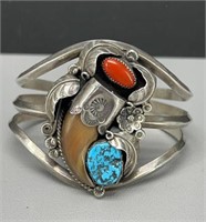 Sterling Silver Navajo Bear Claw Turquoise & Coral
