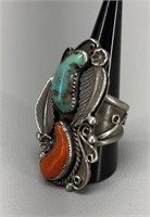 1960s Navajo Coral &Turquoise Sterling Silver ring