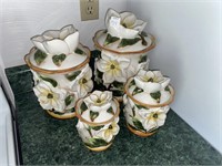 (4PC) HAND PAINTED FLORAL CERAMIC CANISTER SET
