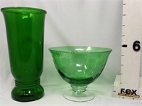 Green Etched Bowl & Green Vase