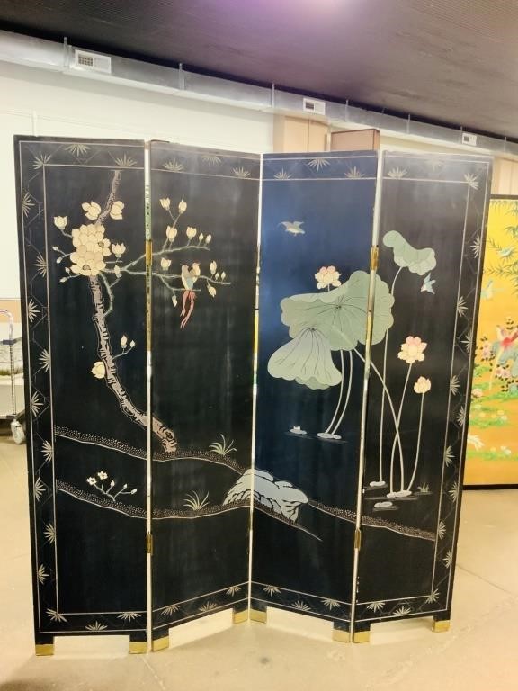 Oriental Black Lacquer Carved 4 Panel Screen