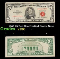 1963 $5 Red Seal United States Note Grades vf++