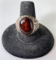 Large Sterling Baltic Amber Ring 14 Grams Size 9
