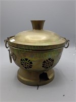 Vtg Asian style brass brazier with lid and handles