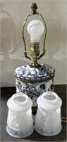 (E) Blue & White Mid-Century Lamp 16.5” & 2 Glass
