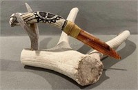 Large Quartz Knife w/ Carved Antler Handle