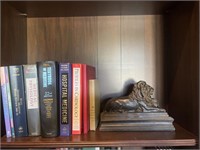 LION BOOKENDS AND BOOKS