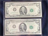 LOT#38) 2X 1969 SERIES $100 CONSECUTIVE SERIAL NUS
