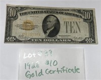 LOT#39) 1928 $10 GOLD CERTIFICATE