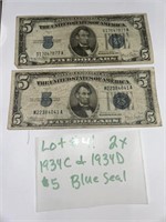 LOT#41) 2X- 1934C & 1934D $5 BLUE SEALS