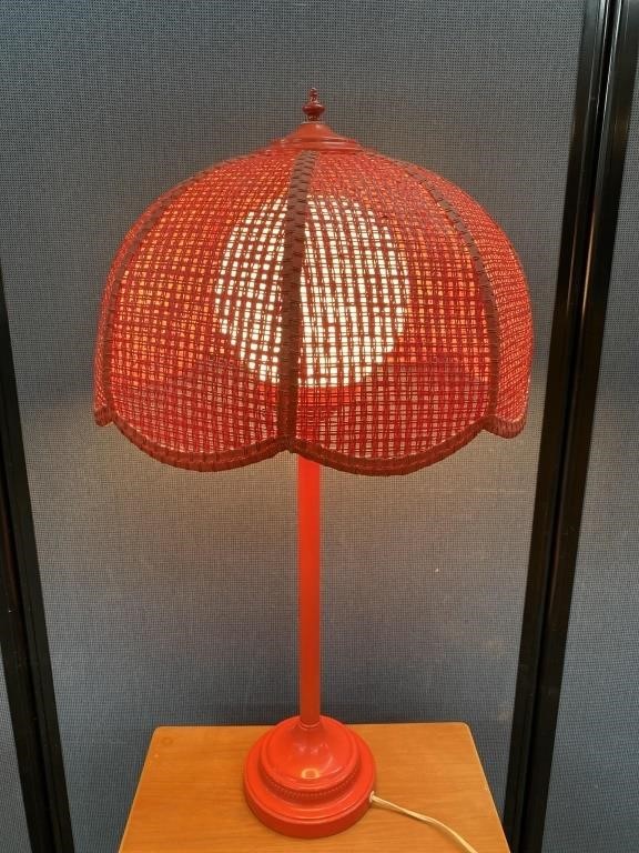 Vintage Wicker Cane Shade Lamp W/ Glass Globe