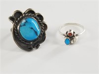 2 Silver and turquoise rings, size 7, and size 5