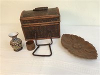 Wood and Wicker Chest & Carved Plate