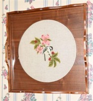 Needlepoint and glass floral and Chickadee