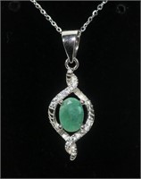 Sterling silver oval cut natural emerald pendant