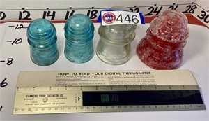 Glass insulators, Farmers Coop ruler /thermometer