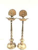 (2) 17 1/2 Inch Brass Peacock Ghee (Lamp)
