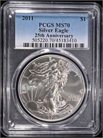 2011 AMERICAN SILVER EAGLE PCGS MS70 25TH ANNIV